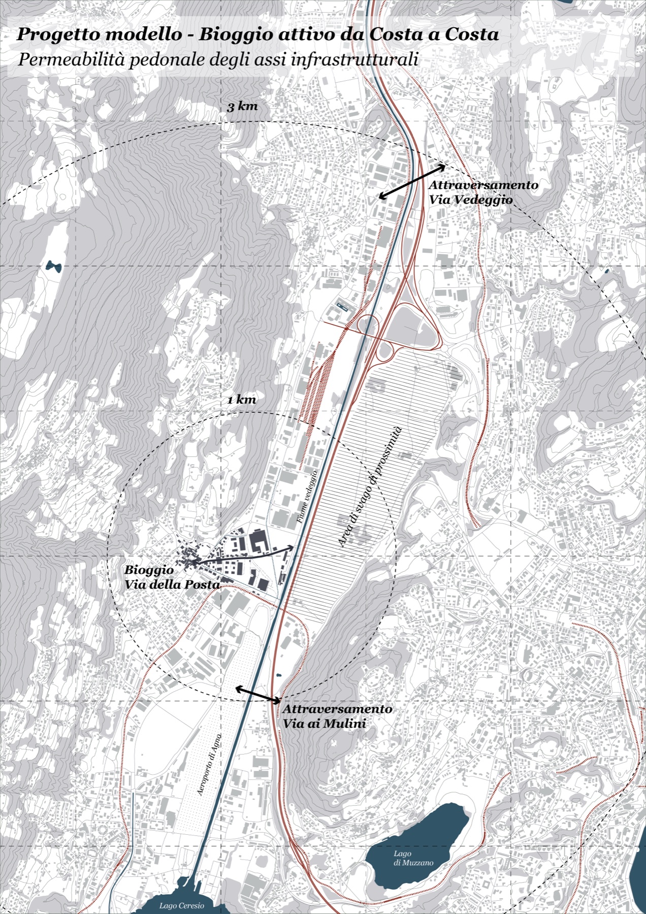 Mappa: permeabilità pedonale degli assi infrastrutturali tra Bioggio e il Vedeggio