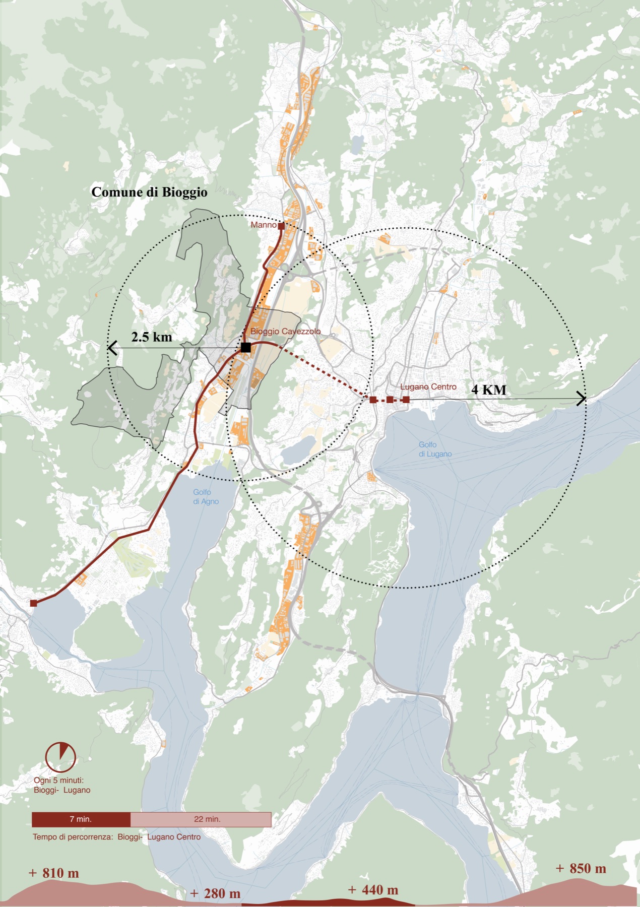 Mappa: da Golfo di Agno a Golfo di Lugano — il tram-treno come ossatura della mobilità